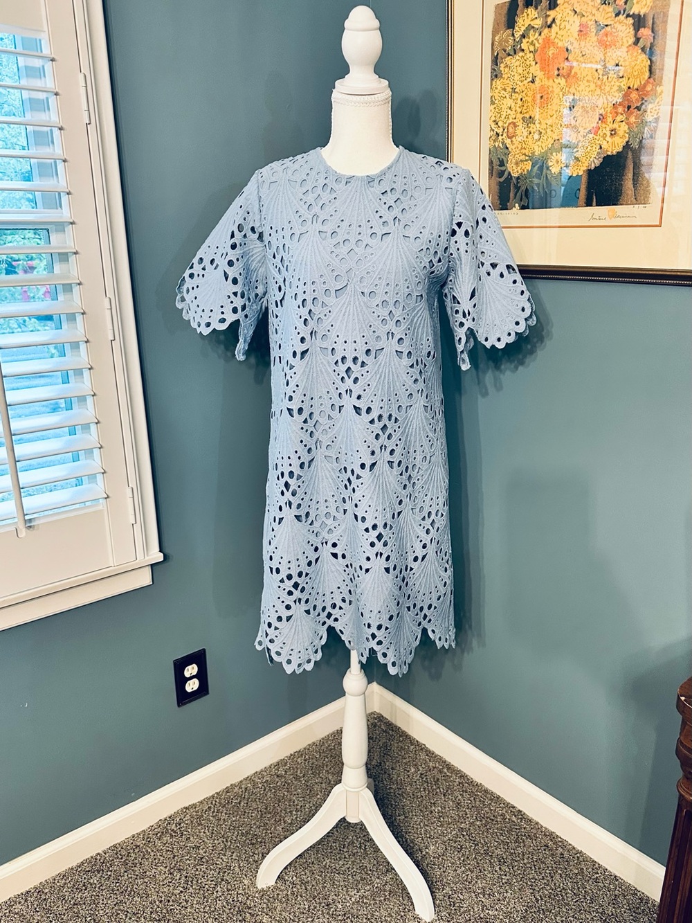 Light Blue Eyelet Lace Short Sleeve Dress